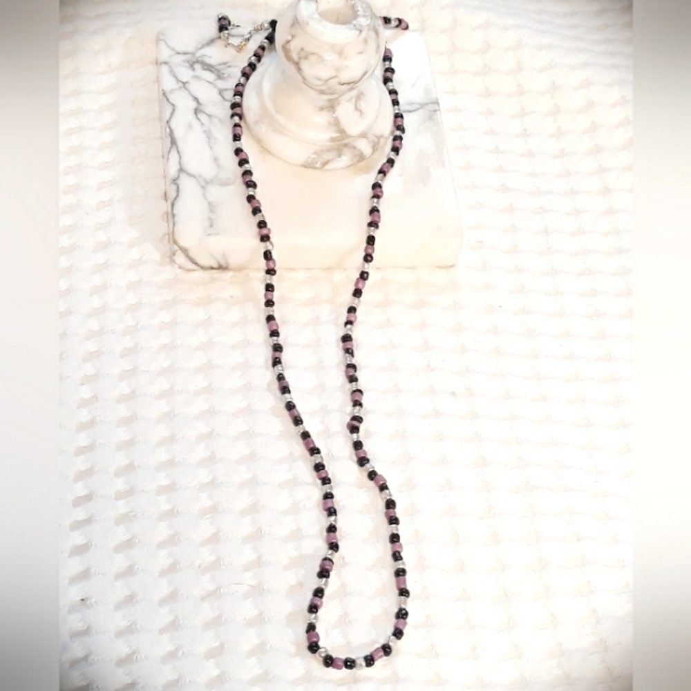 Handmade Single Strand Beaded Necklace 34" - Purple Black Metal Bead Necklace - Picture 8 of 9